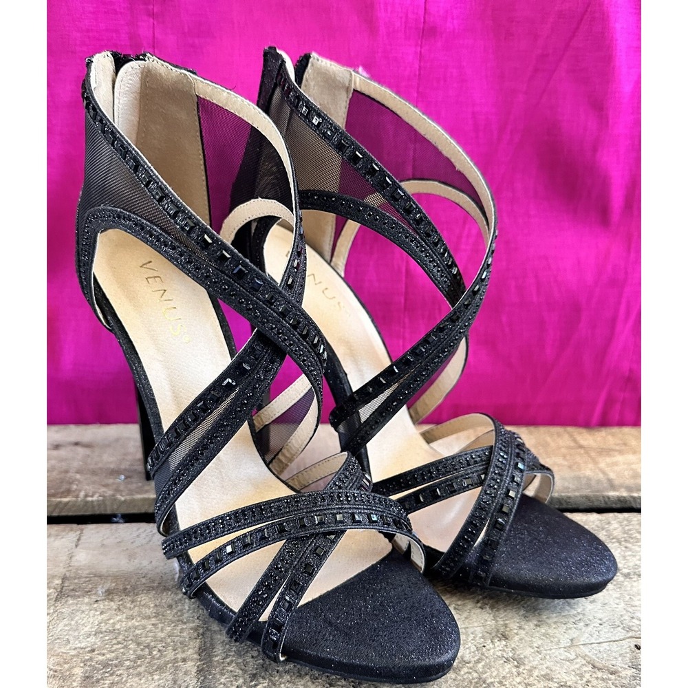 VENUS Strappy Stiletto Mesh Bling Heels Womens 9 Black Excellent